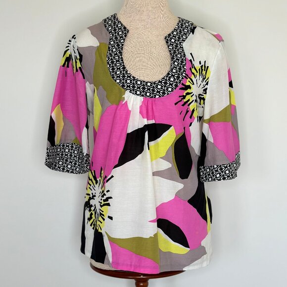 Trina Turk Horseshoe Neckline Silk Blend Pink Black Lime Colors Size Medium - Picture 1 of 6